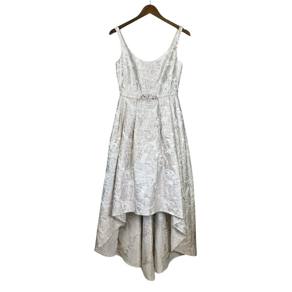 Betsy & Adam Silver Metallic Floral Jacquard Embellished High Low Wedding Gown - Picture 9 of 14